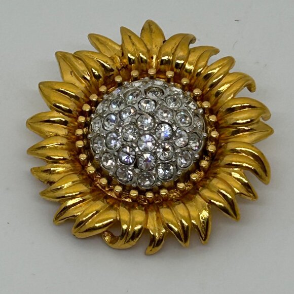 Joan Rivers Sunflower Brooch With Gold Tone Petals Rhinestone Center Vintage - Picture 11 of 16